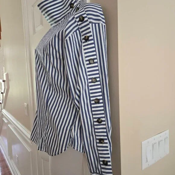 Veronica Beard Fauri Striped Off-The-Shoulder Long Sleeve Shirt Size 4 - Picture 10 of 16